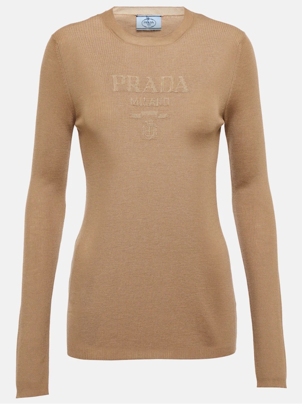 Prada Superfine Wool Silk Crew-Neck Sweater Ribbed Long Sleeve Logo Tan Camel 44